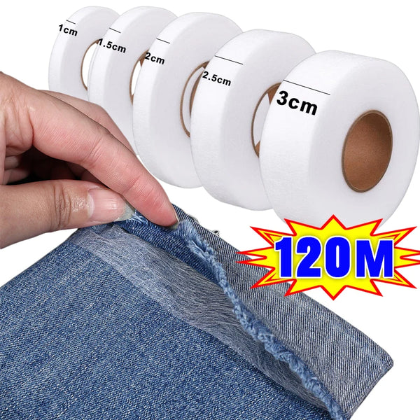 A hand is unwrapping a roll of white heat-resistant interlining tape, showing various thicknesses and a large 120 meter quant