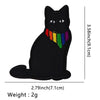 Black embroidered cat iron-on patch with a rainbow collar and measurements.