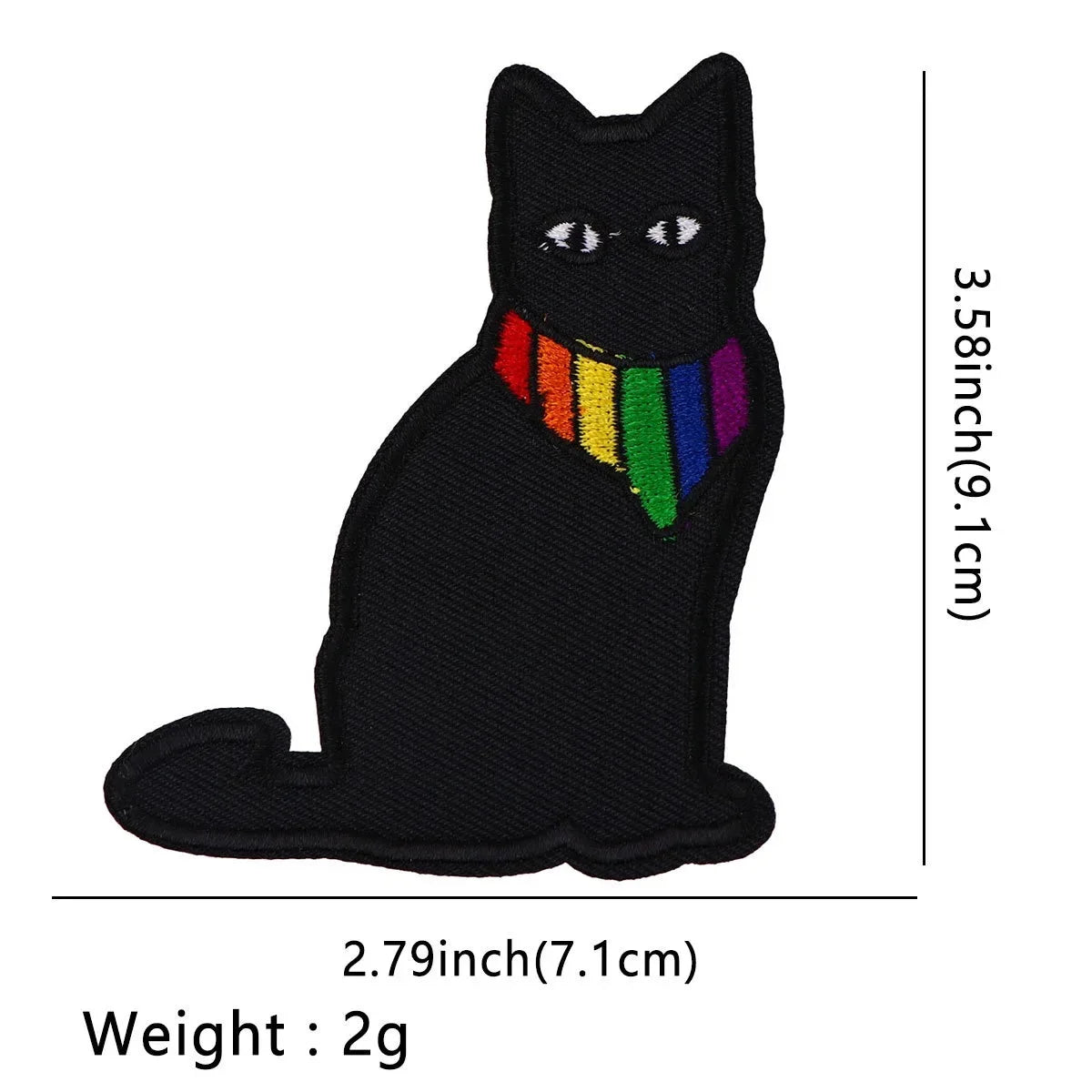 Black embroidered cat iron-on patch with a rainbow collar and measurements.