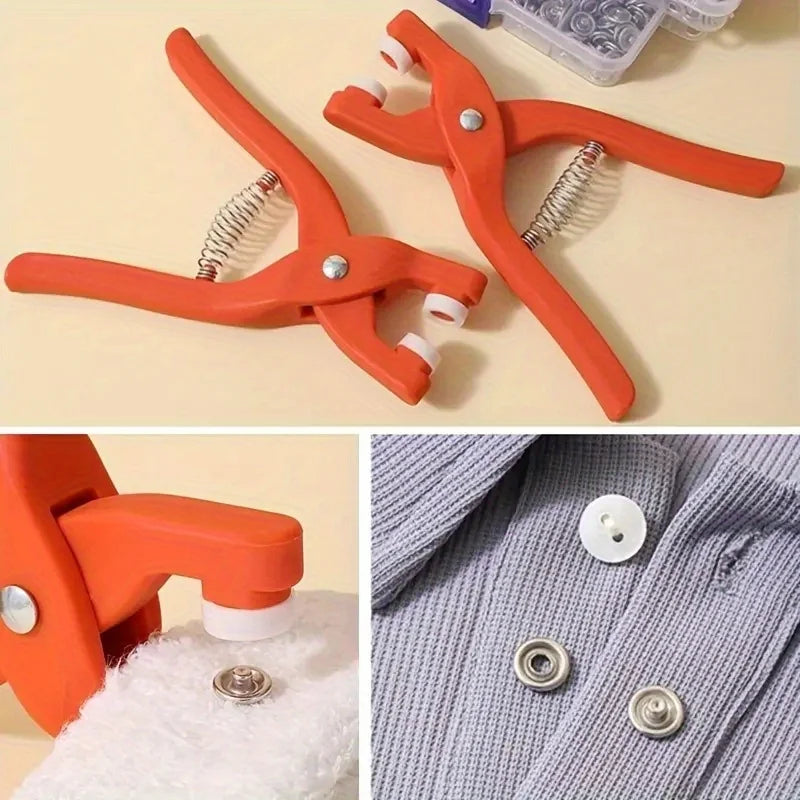 Orange precision snap button kit with various sizes of buttons shown on a light background.