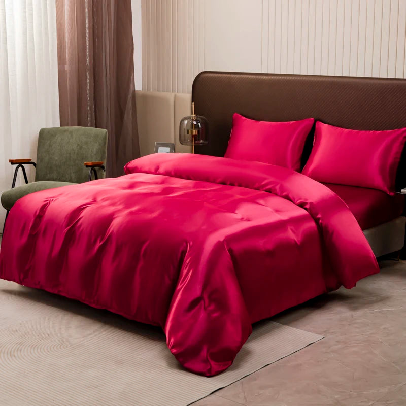 A luxurious bedroom featuring a bed with vibrant pink satin bedding and neutral tones.