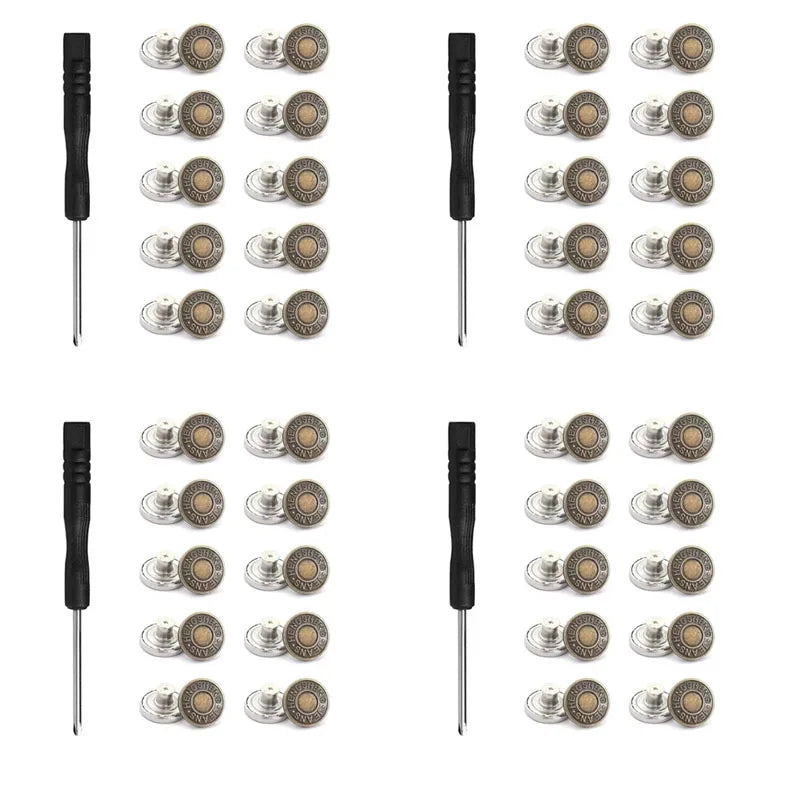 A collection of 30 metal jeans buttons for clothing, shown in various styles and finishes.