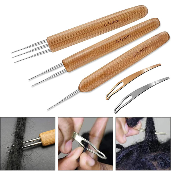 A set of five wooden crochet hooks and a metal hook for dreadlock styling.