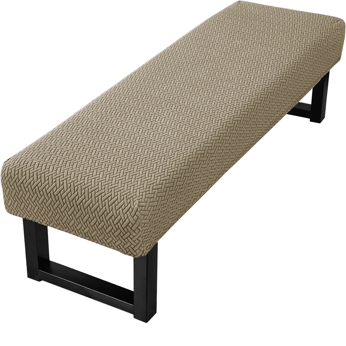 A beige stretch jacquard dining bench cover with a woven texture and black frame.