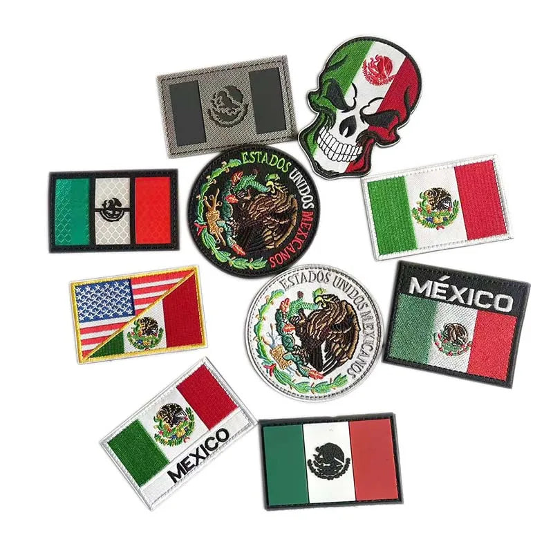 A collection of embroidered national flag patches, including Mexico and US flags, for tactical gear.