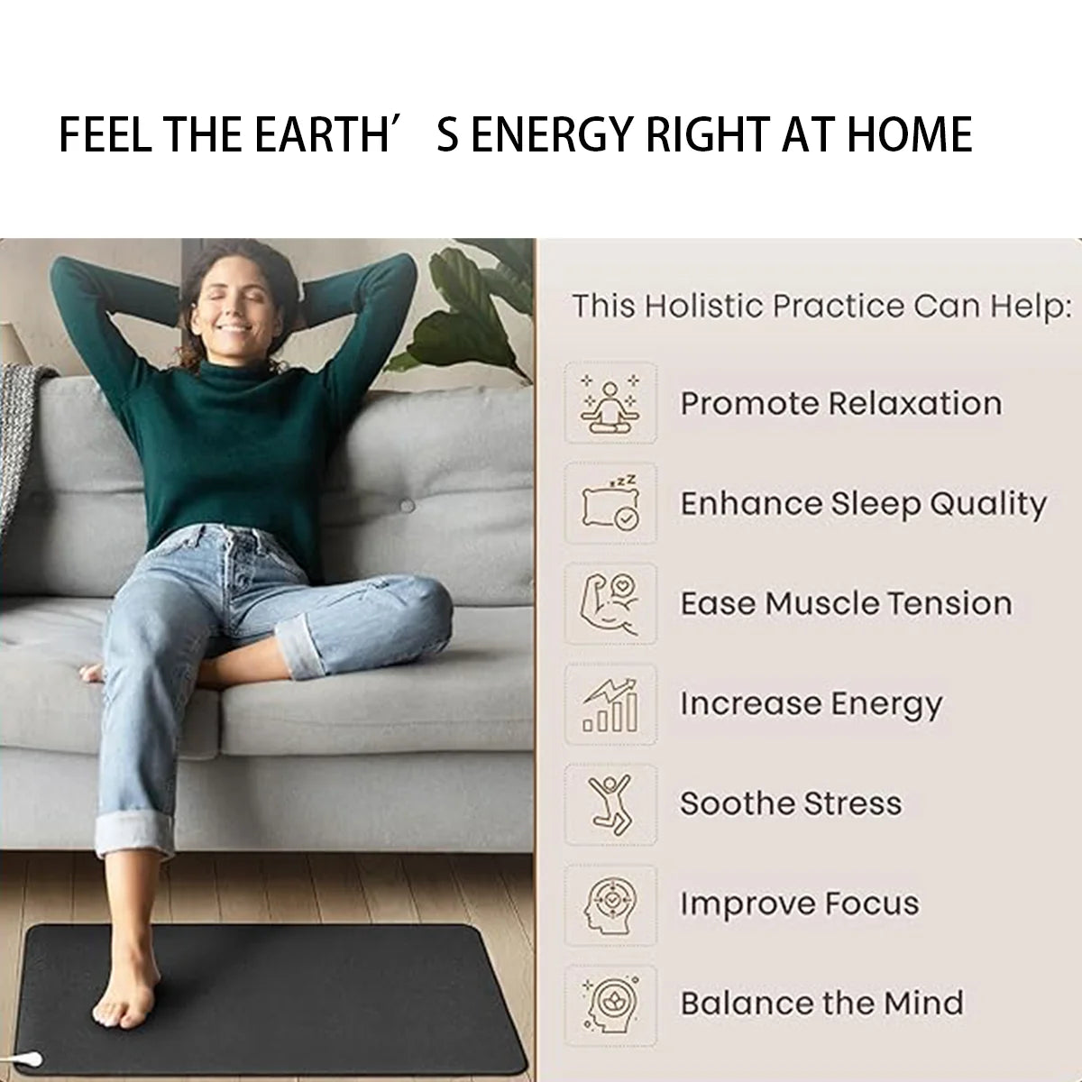 A woman sits on a yoga mat indoors, practicing a holistic energy technique.