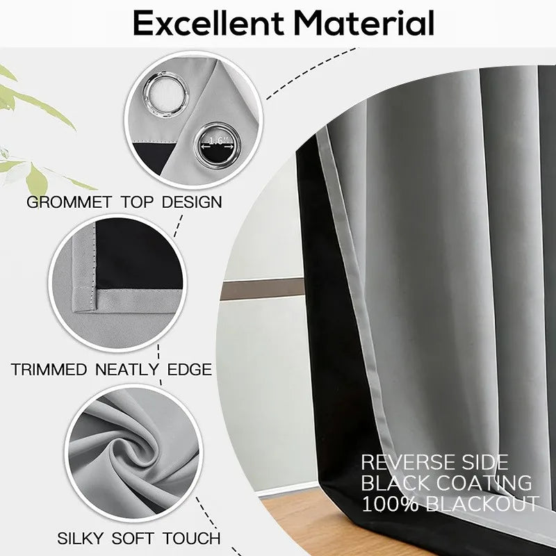 Close-up view of black blackout curtains showing features like grommet top design, trimmed edges, and silky soft touch fabric