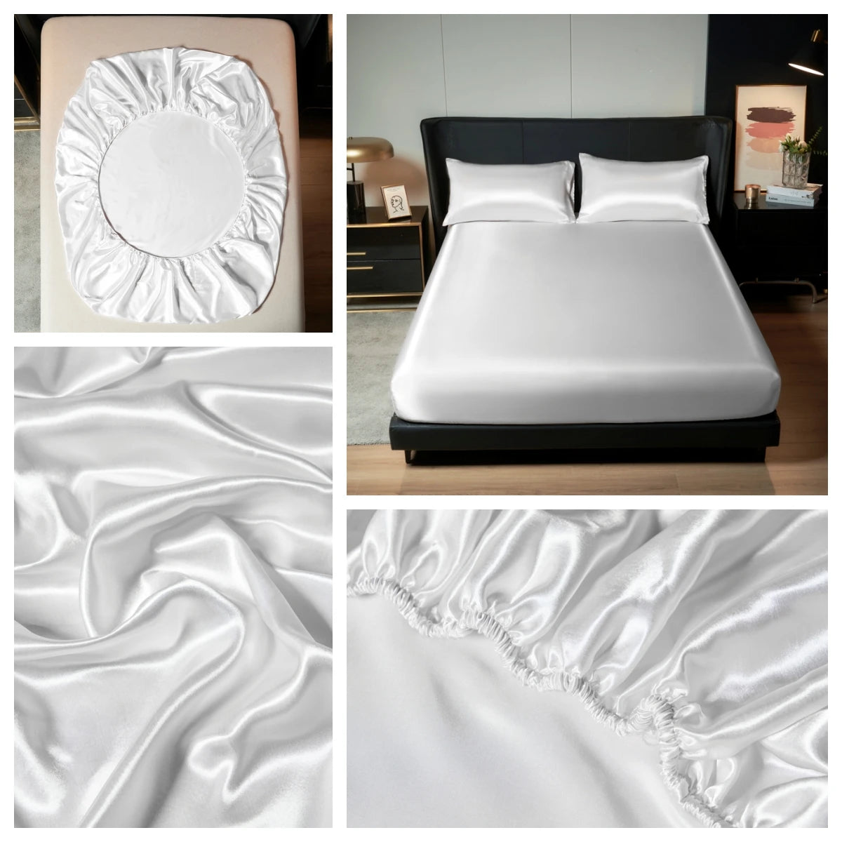 A set of white satin bedding includes a pillow, sheet, and elastic band.