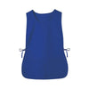 A royal blue polyester apron with ties at the waist.