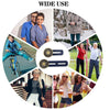 A collage showing various people wearing jeans and pants, demonstrating the use of a universal waist extender button.