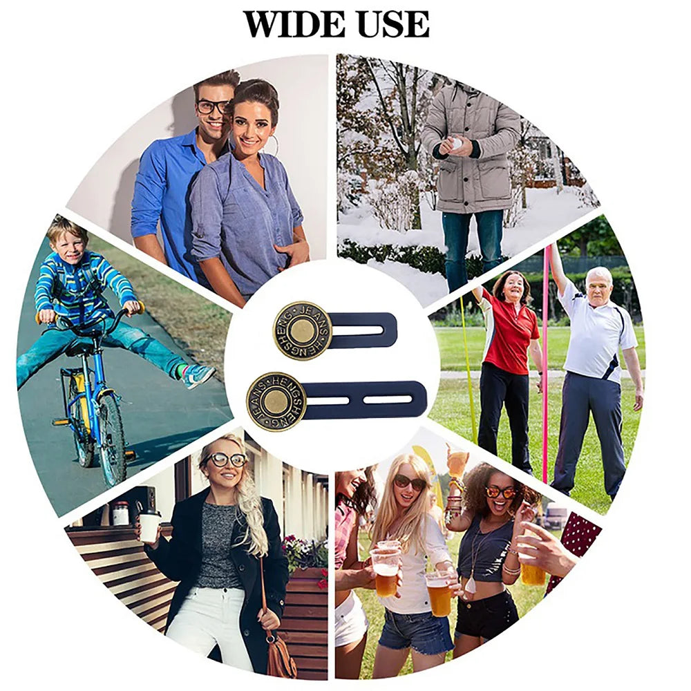 A collage showing various people wearing jeans and pants, demonstrating the use of a universal waist extender button.