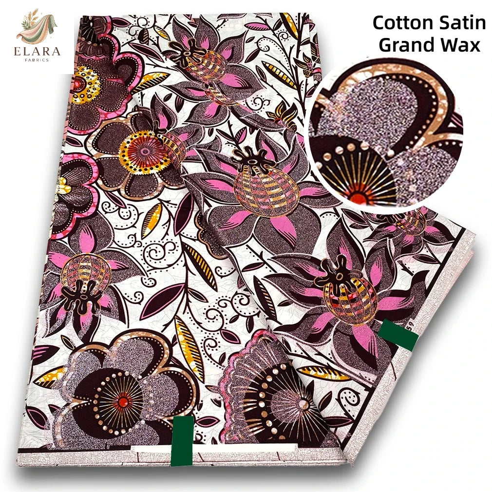 Cotton Satin Grand Wax fabric featuring floral and botanical patterns in pink, purple, and brown tones.