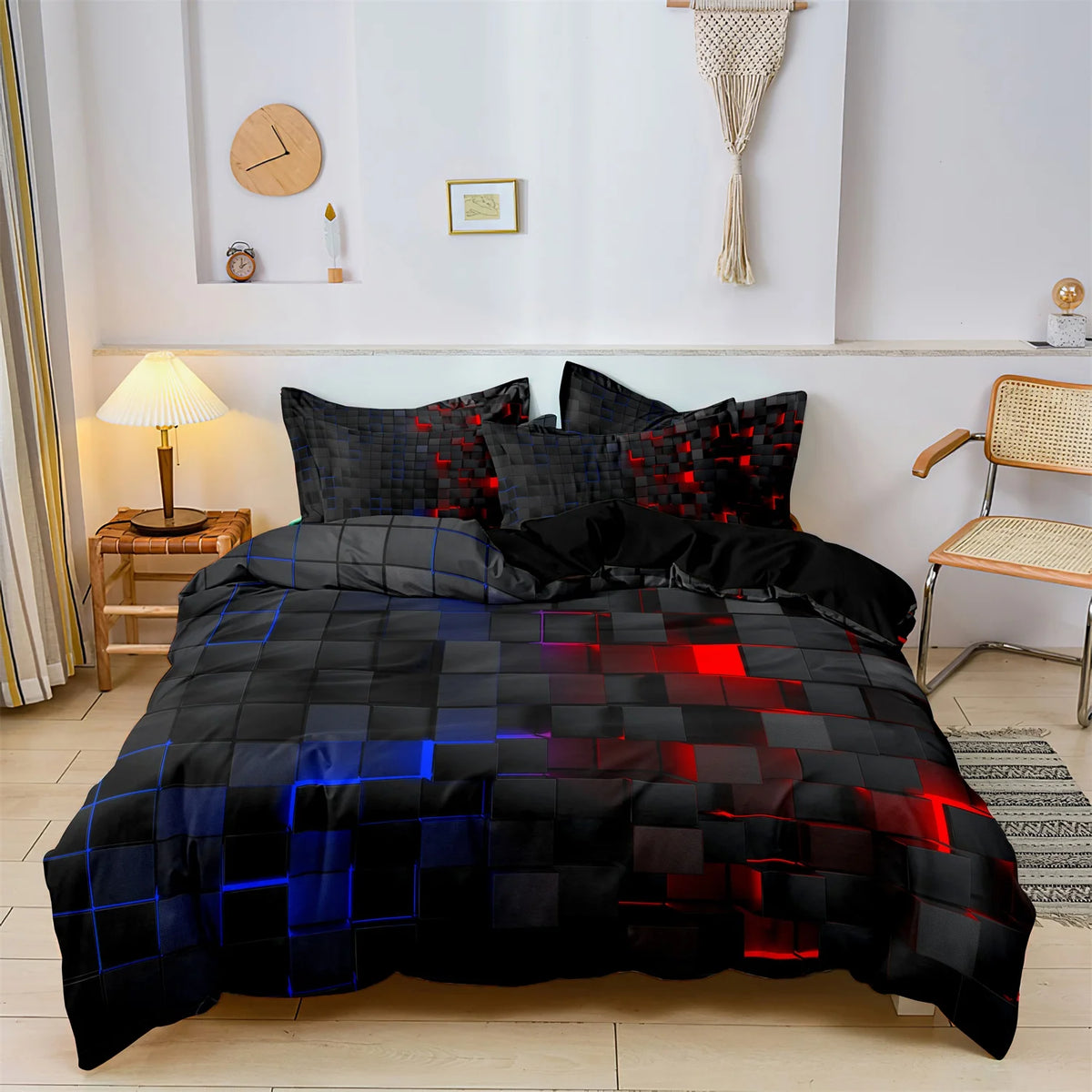 Black and red geometric grid plaid duvet cover set displayed on a bed.