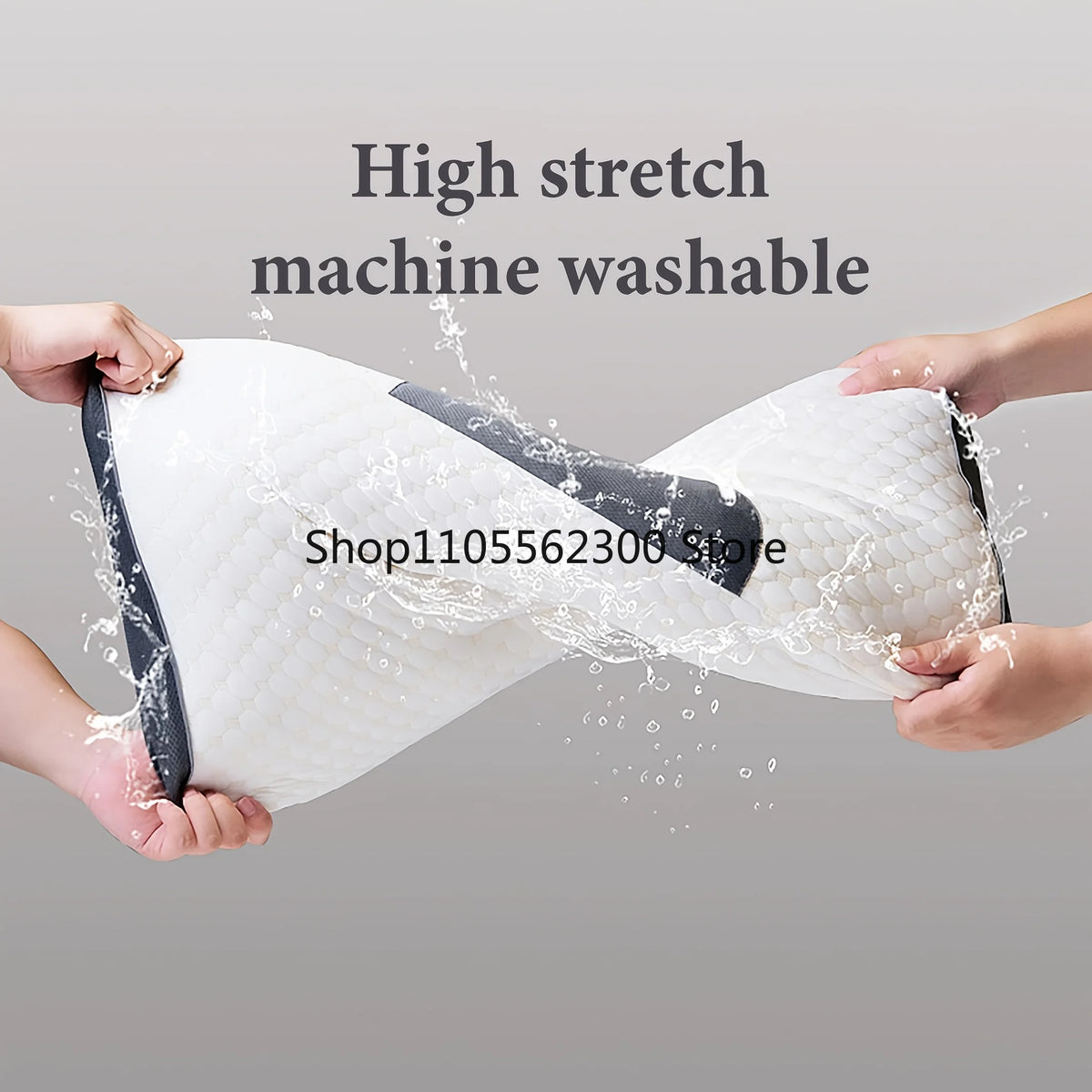 A white, quilted neck support pillow is being washed under running water.