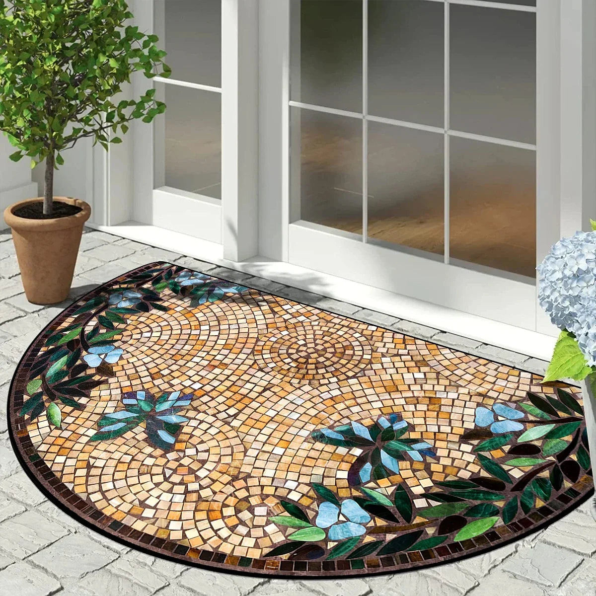 Semi-circular mosaic floor mat with vintage floral print featuring earthy tones and green leaves