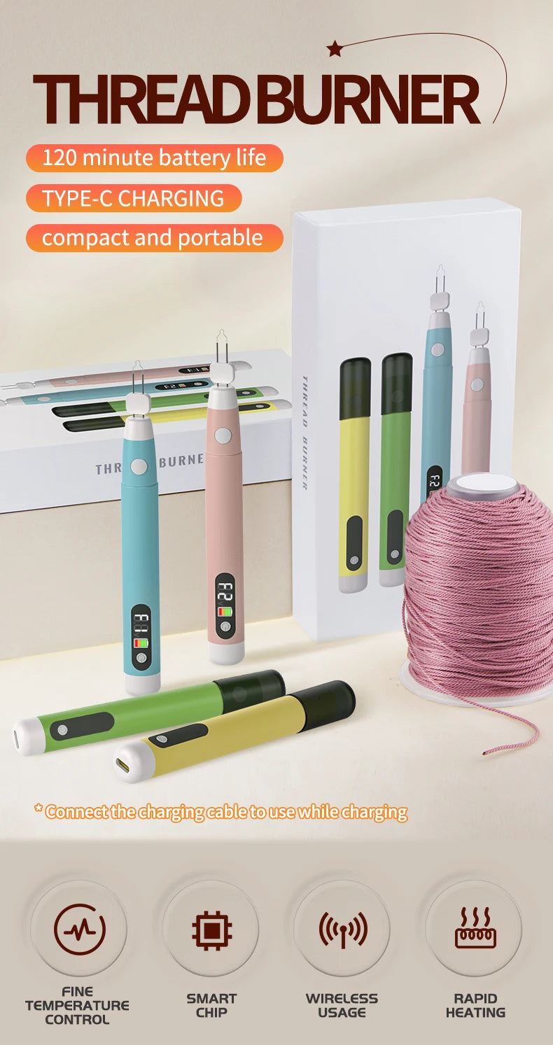 A Thread Burner device shown with various color options and a charging cable, highlighting features like fine temperature con