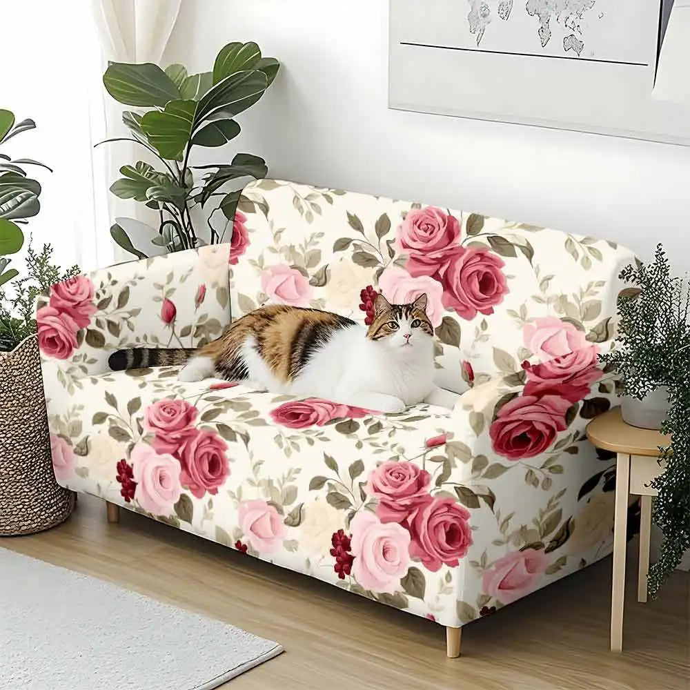 A floral patterned stretch sofa cover featuring pink roses and green leaves in a light cream color.