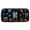 A black zippered pouch featuring various colorful cartoon fruit and food icons.