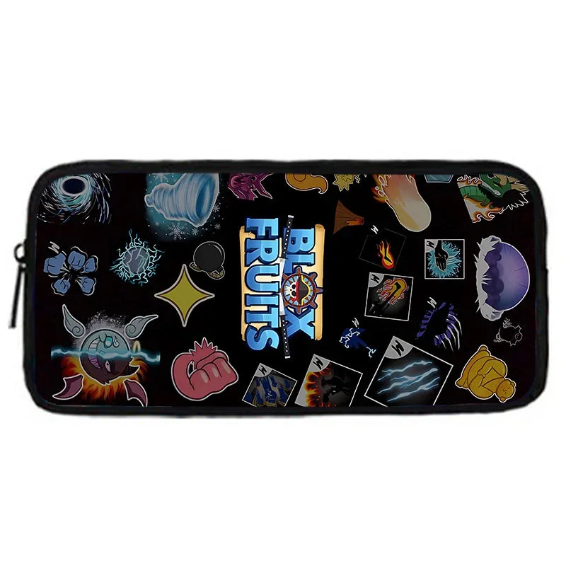 A black zippered pouch featuring various colorful cartoon fruit and food icons.
