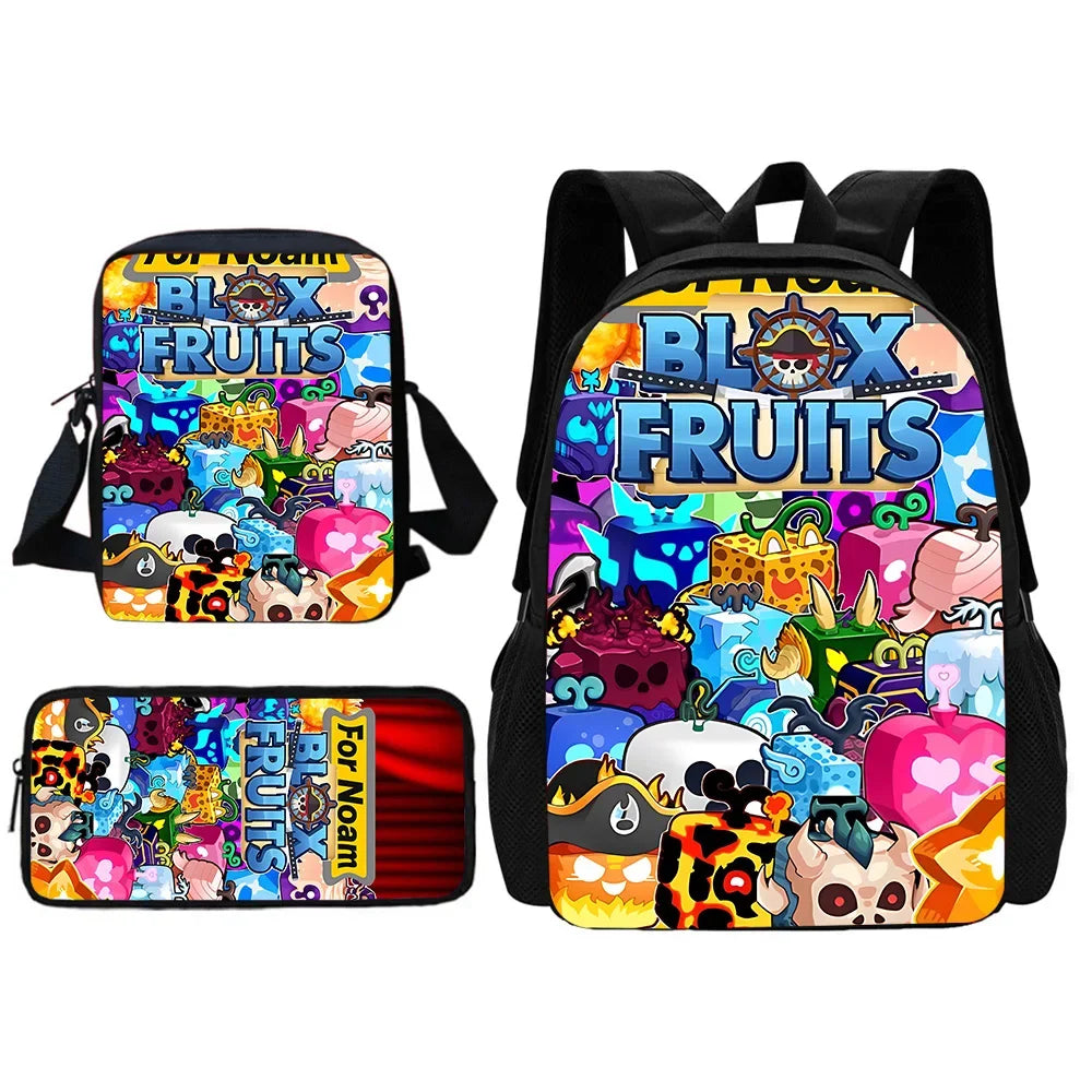 A set of a backpack, shoulder bag, and pencil case featuring colorful cartoon fruits and playful designs.