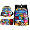 A set of a black backpack and a matching pencil case featuring colorful cartoon fruits and animals.