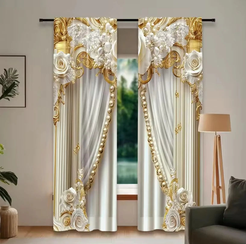 Elegant cream and gold Baroque printed curtains framing a window with sheer fabric and decorative floral accents