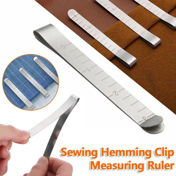 Stainless steel sewing hemming clip measuring ruler set showing various sizes and a hand using the tool