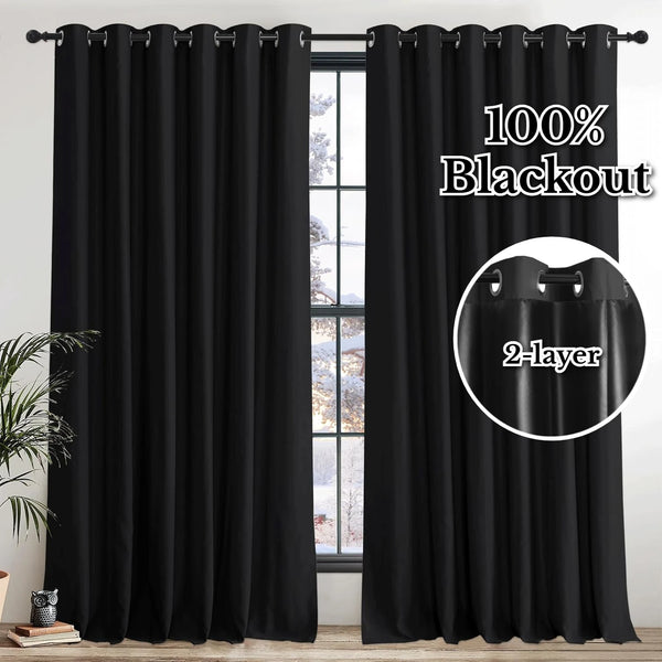 Blackout thermal curtain in black fabric hanging in a window frame