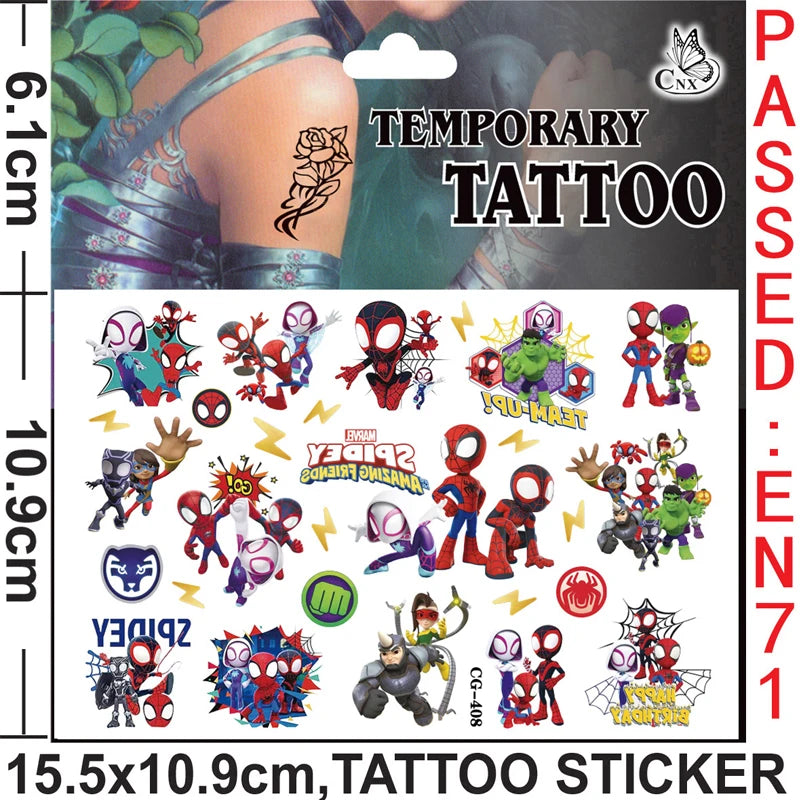A sticker sheet featuring temporary tattoos of Spider-Man and his friends for parties.
