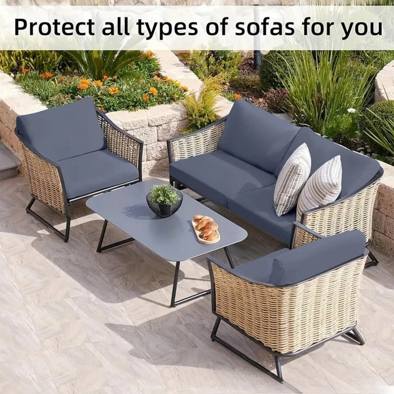 Gray outdoor wicker sofa cushion covers protecting various types of sofas in a garden setting.