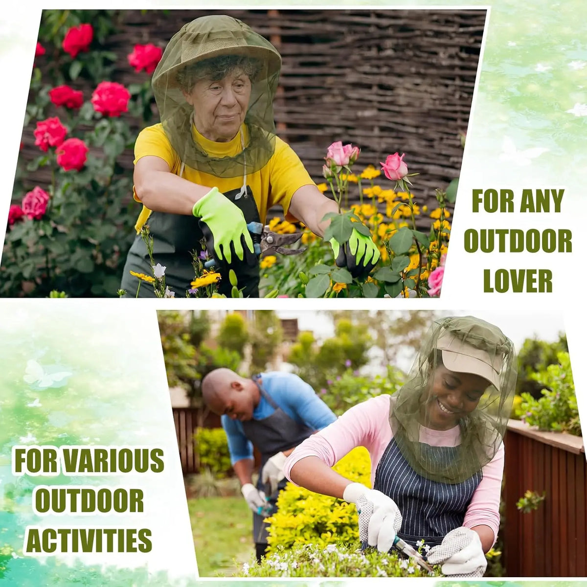 An elderly woman wearing a mesh hat is tending to flowers outdoors.