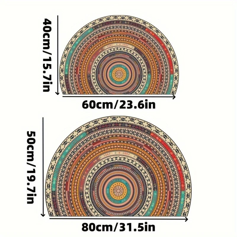 A half-round boho non-slip area rug featuring concentric circles of earthy tones and patterns.