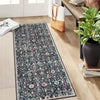 A rectangular vintage trellis rug runner with a dark floral pattern placed on a light wood floor.