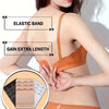 A woman is shown wearing an orange bra strap extender, demonstrating the elastic band and gain extra length feature.