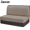 A pair of beige stretch jacquard seat covers for vehicle upholstery shown flat.