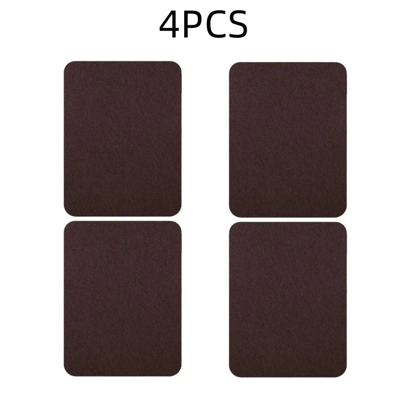 Four dark brown iron-on fabric repair patches laid out side by side.