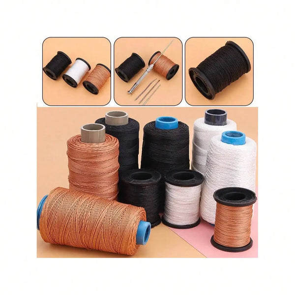 A collection of black, white, and copper colored nylon sewing thread spools and a large spool of orange-brown thread.