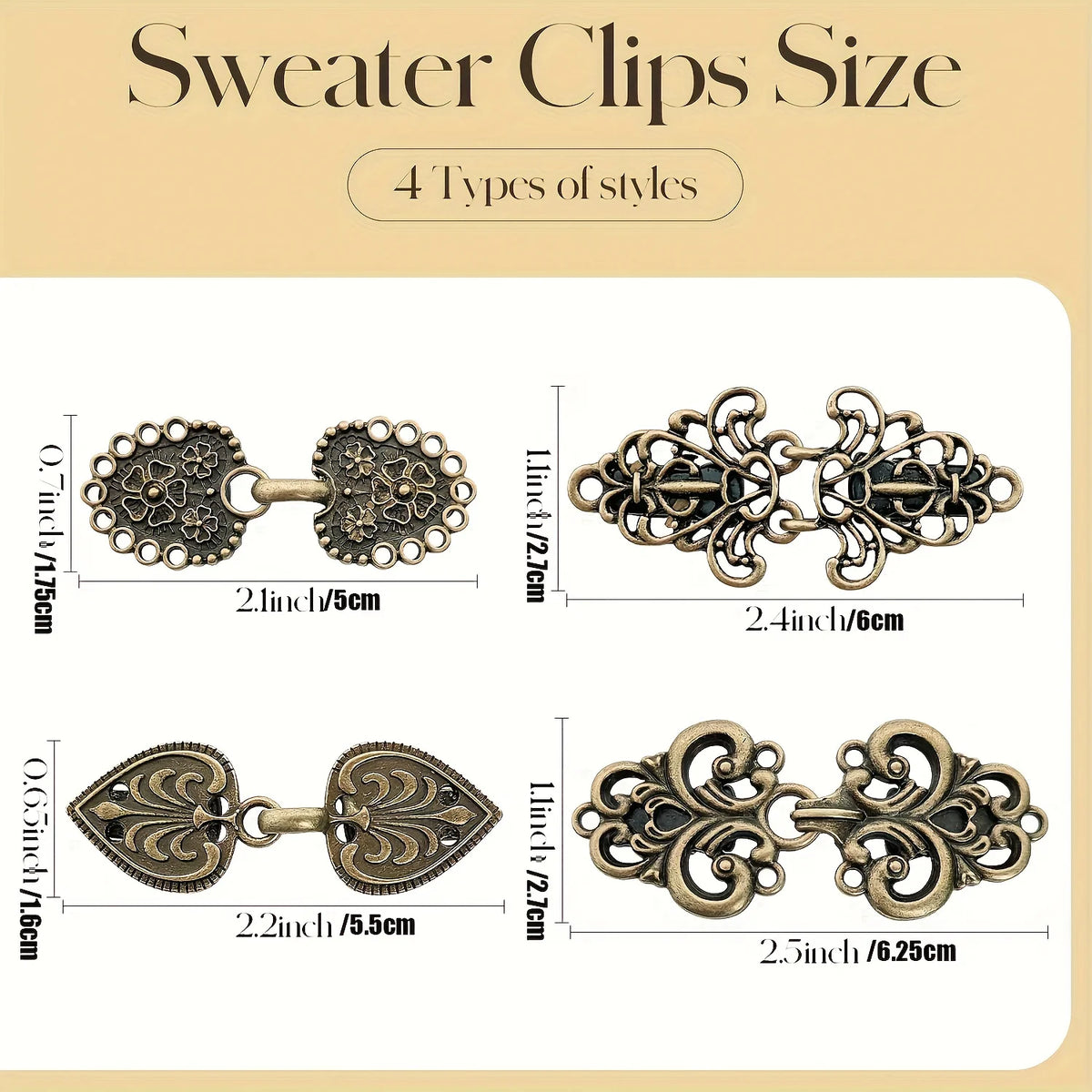 A set of four vintage zinc alloy sweater clips in various decorative styles and sizes.