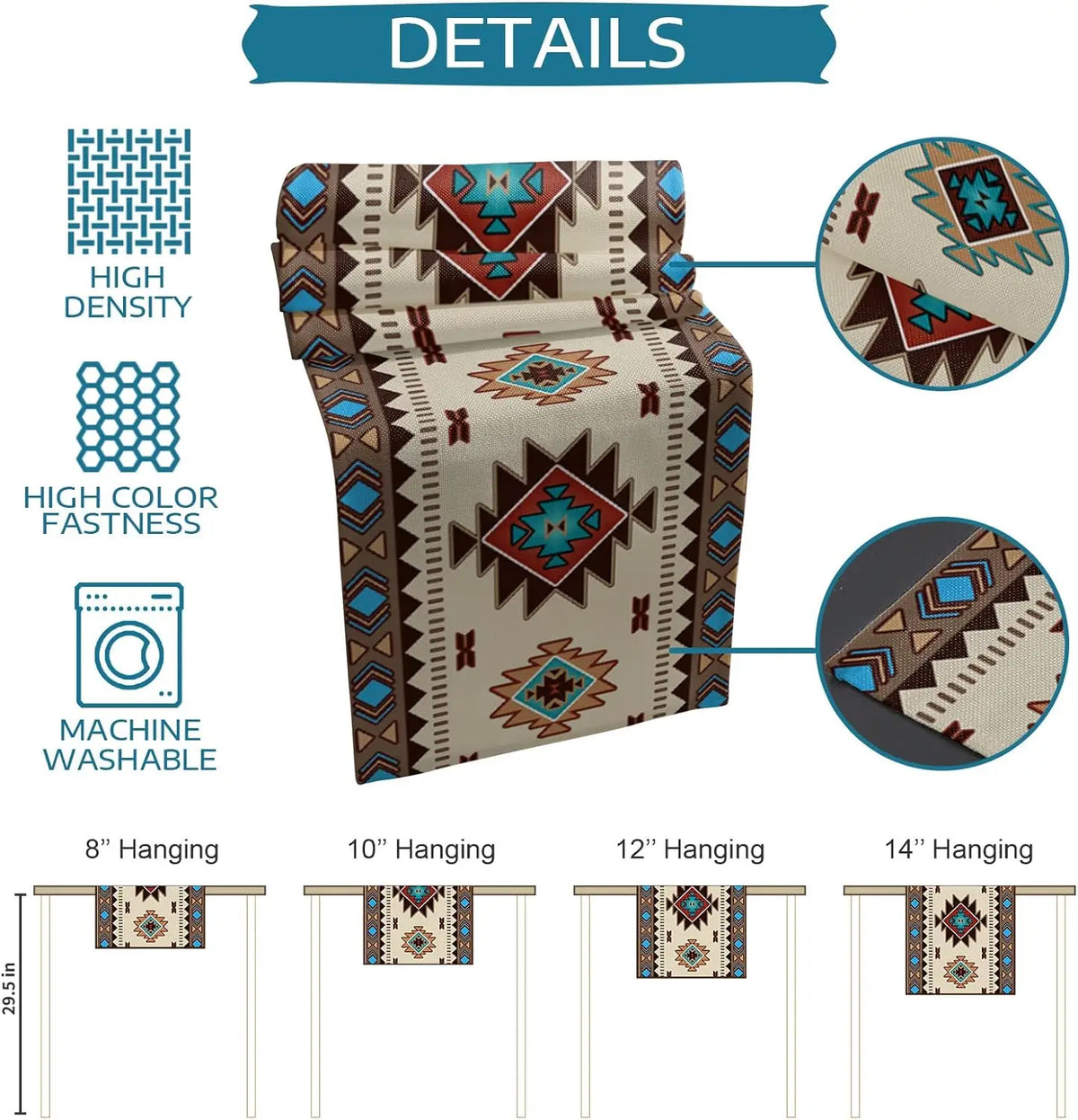 A detailed view of a Bohemian linen table runner with an Indian-inspired geometric print, showing features like high density,