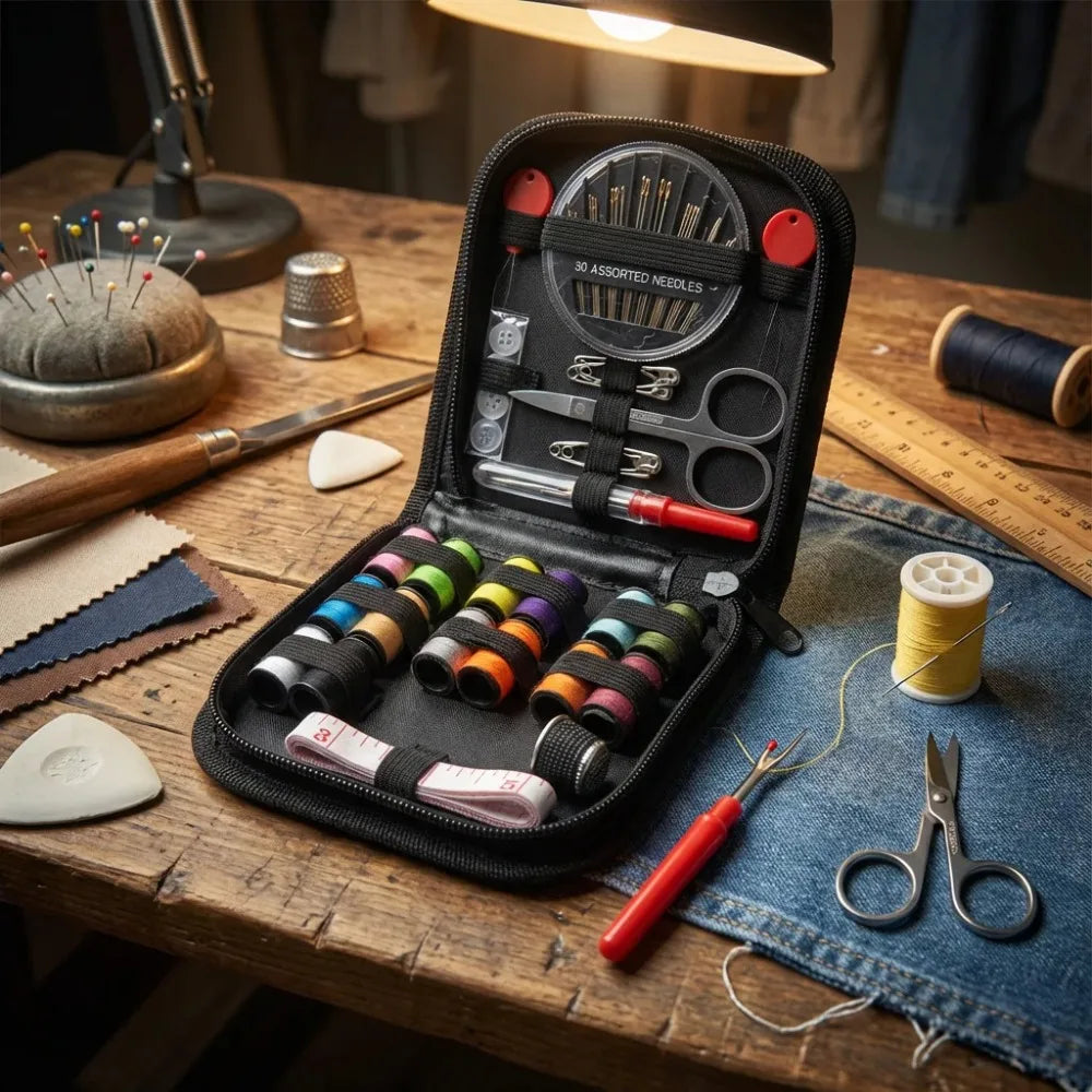 A black sewing kit with various needles, scissors, and tools laid out on a wooden table.