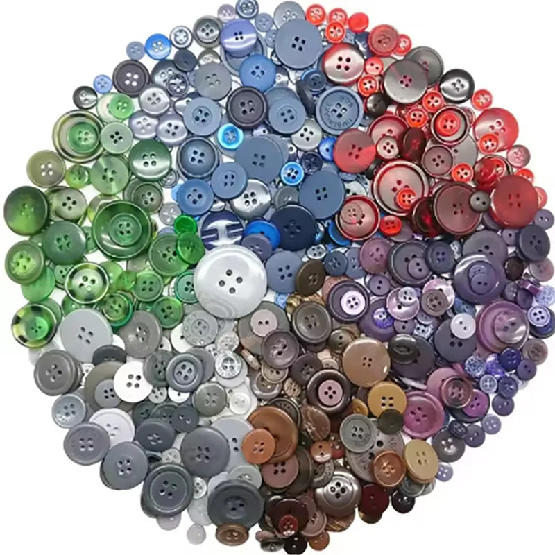 A large pile of assorted resin sewing buttons in various colors and shades.