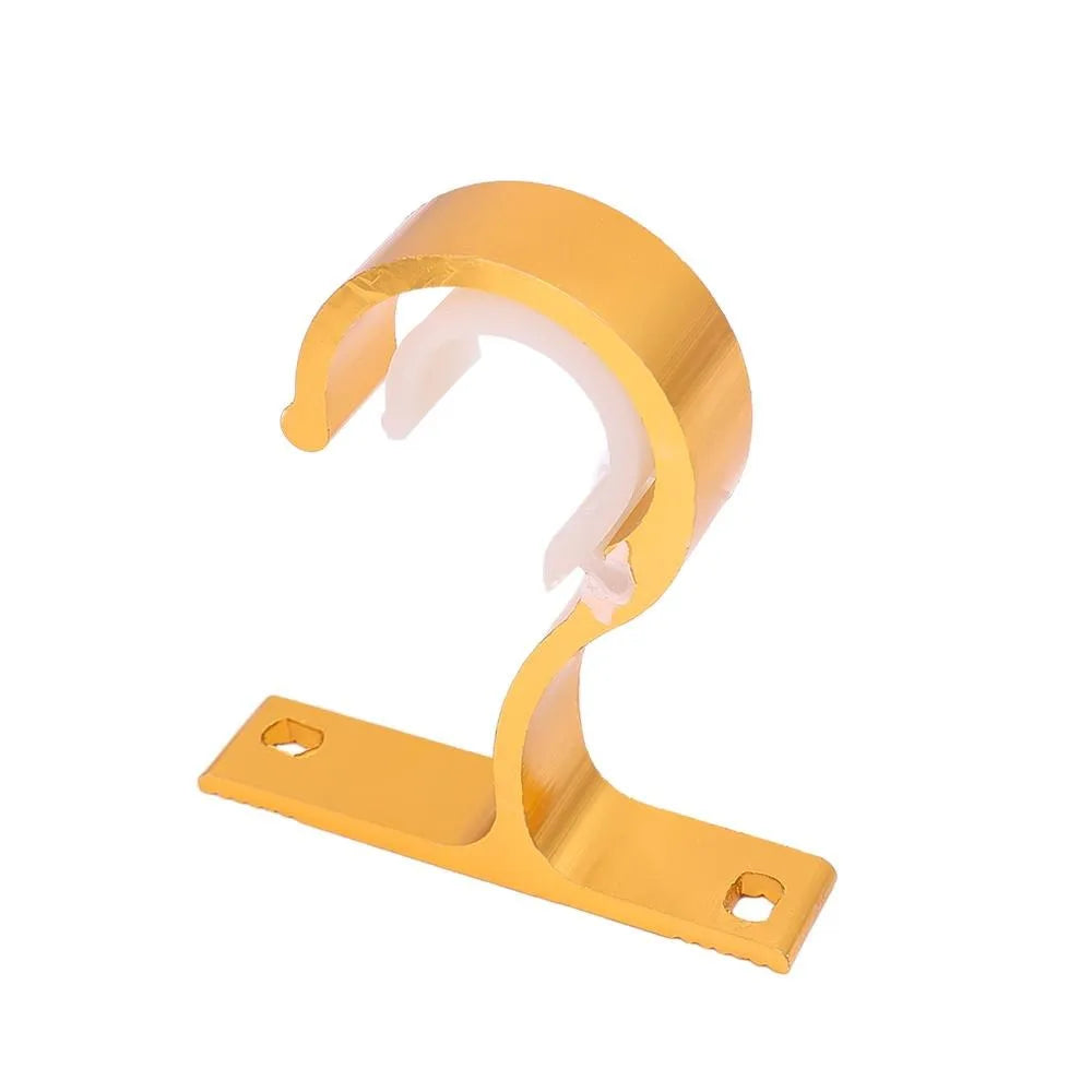 Gold multi-style curtain rod brackets for wall mounting with a curved bracket and a flat plate.