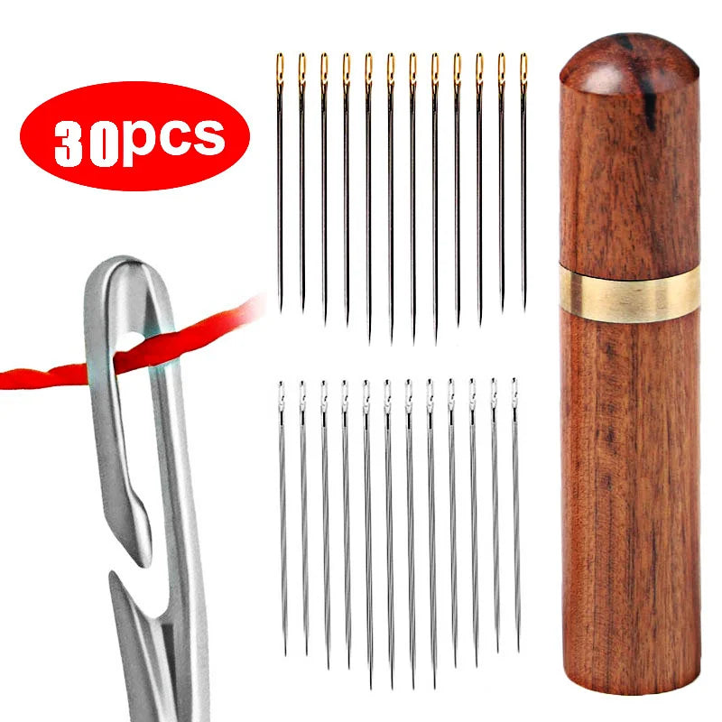 A set of 30 stainless steel blind sewing needles packaged in a wooden tube and featuring a pair of tweezers.