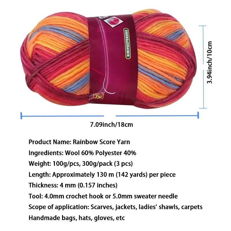 A ball of rainbow gradient dyed wool yarn used for knitting and crochet projects