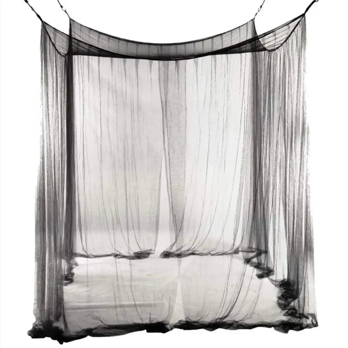 Elegant mosquito netting canopy draped over a frame, showing sheer fabric texture.