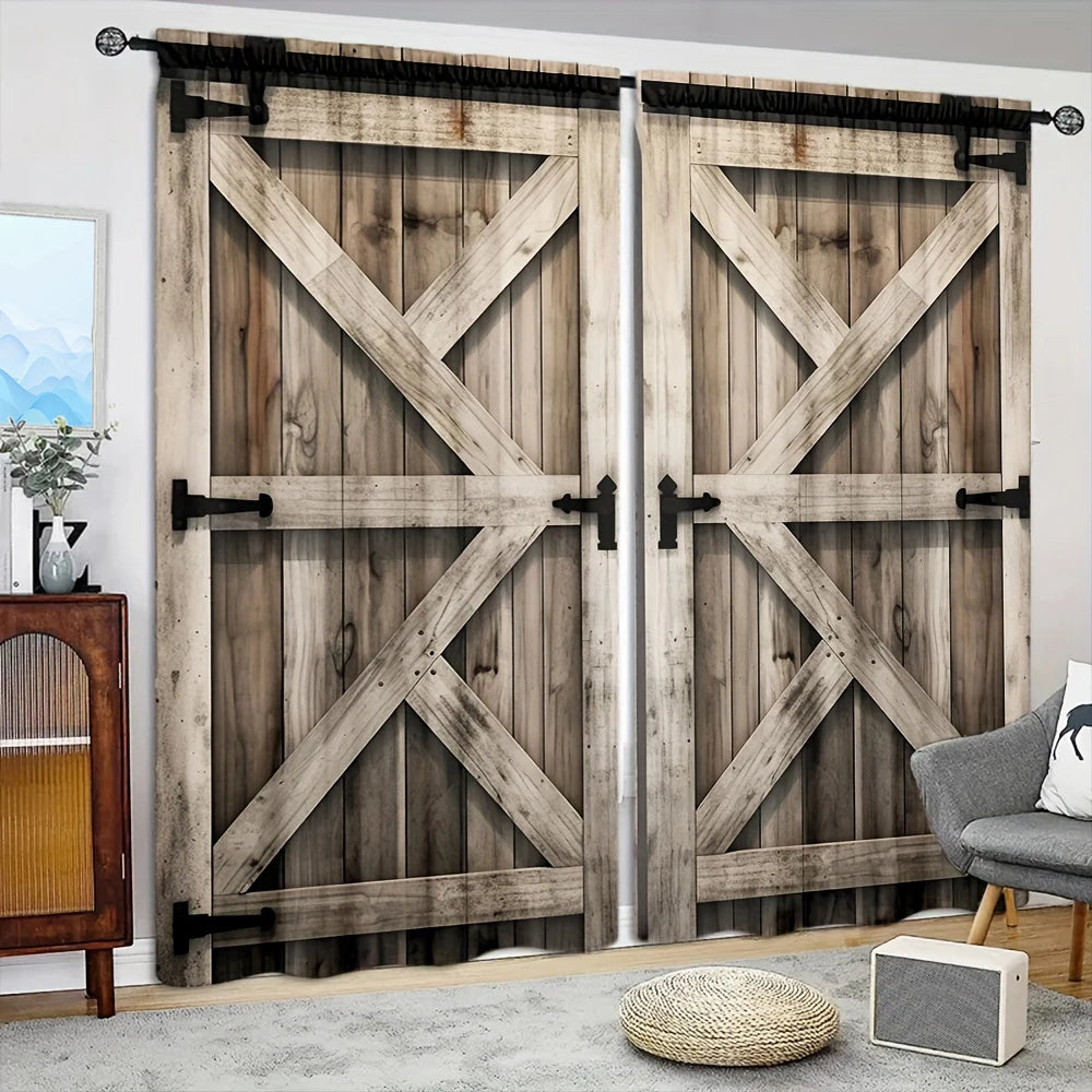 A pair of rustic wooden barn doors with cross bracing and dark hardware mounted on a white wall.