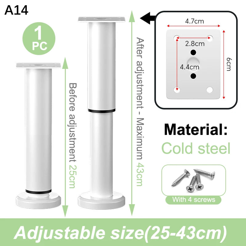 A set of cold steel adjustable furniture support legs shown with dimensions and screw attachments.