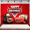 A red background with the text HAPPY BIRTHDAY and two Pixar-style cars, Woody and Lightning McQueen.