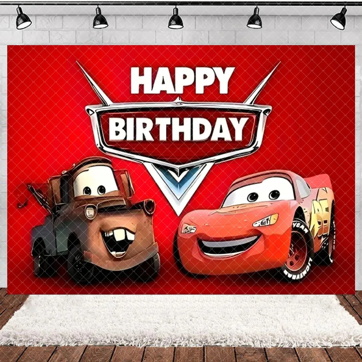 A red background with the text HAPPY BIRTHDAY and two Pixar-style cars, Woody and Lightning McQueen.