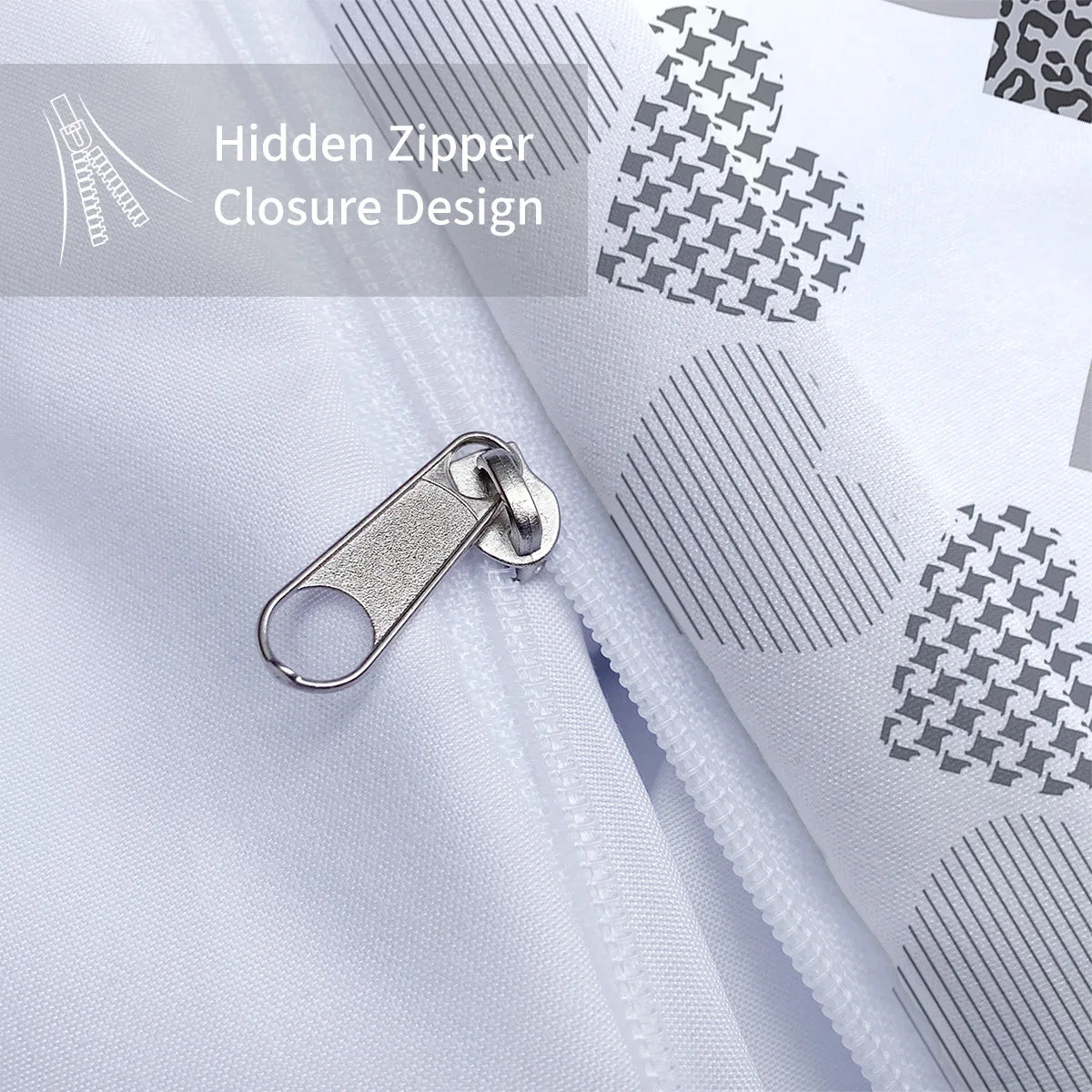 A close-up of a silver hidden zipper closure design on white fabric.
